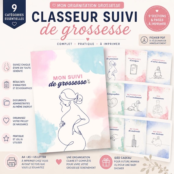 Intercalaire grossesse imprimable | Organisateur dossier maternité | Classeur suivi grossesse A4 | Fichier numérique à télécharger