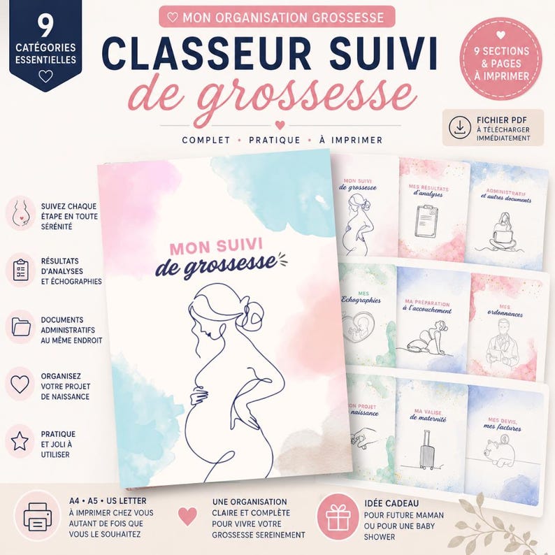 May include: A digital pregnancy planner binder set featuring watercolor accents in blue and pink. The cover displays the text MON SUIVI de grossesse and a line art illustration of a pregnant figure. Includes nine printable sections for tracking.