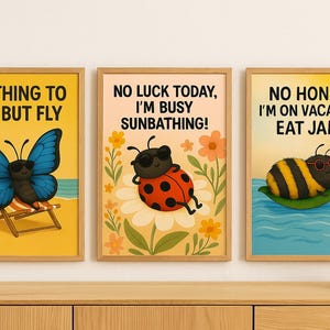Funny Insects Wall Art Set of 3 - Cute Butterfly Ladybug Bee Posters - Summer Digital Prints for Nursery, Kids Room or Playroom Decor
