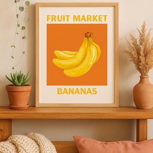 Banana Fruit Market Poster, Retro Kitchen Wall Art, Watercolor Banana Print, Farmhouse Kitchen Decor, Printable Tropical Fruit Poster
