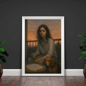 Dipinto Digitale Realistico – Ragazza e Cane al Tramonto, Arte Emotiva AI