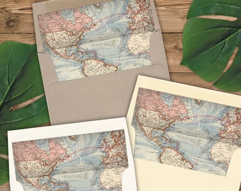 World Map Envelope Liners A2 Size - Square Flap - Multicolor - for your travel theme invitations - Pack of 25