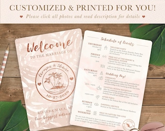 Wedding Weekend Itinerary Rose Gold and Blush Watercolor Destination Wedding Tropical Beach Design