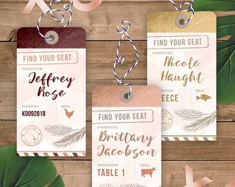 Luggage Tag Escort / Place Cards - for your Destination Wedding - Faux Foil and Blush Watercolor