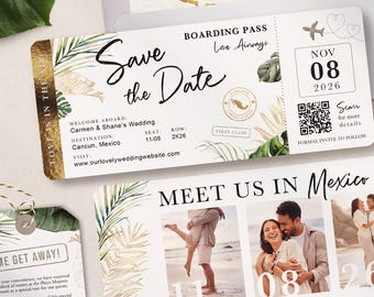 Destination Wedding Boarding Pass Save the Date Tropical Green Leaves Travel Theme 3 Photo QR Code Real Gold Foil Available