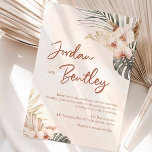 Destination Wedding Invitation - Tropical Orchid Pampas Boho Palm Monstera Watercolor Invitation Set QR RSVP by Luckyladypaper