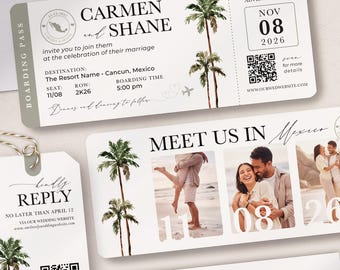 Destination Wedding Formal Invitation Boarding Pass 3 Photo QR Code Palm Trees Sage Green Minimalist Travel Theme by Luckyladypaper