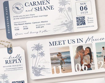 Dusty Blue Destination Wedding Formal Invitation Boarding Pass 3 Photo QR Code Palm Trees Minimalist Travel Theme by Luckyladypaper