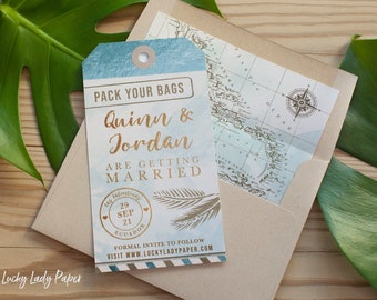 Luggage Tag Shaped Save the Date - Destination Wedding Save the Date Invitation - Faux Aqua and Gold Foil with Aqua Watercolor