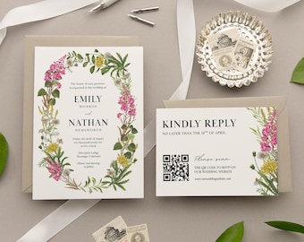 Hand Painted Botanical Wildflower Wedding Invitation Template QR Code RSVP Printable DIY Edit in Canva