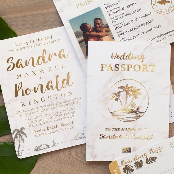 Destination Wedding Passport Invitation Set in Gold and Marble Tropical Design by Luckyladypaper - see item details to order