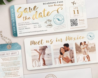 Destination Wedding Boarding Pass Save the Date or Invitation QR Code in Aqua and Gold Watercolor  Tropical Real Foil Available