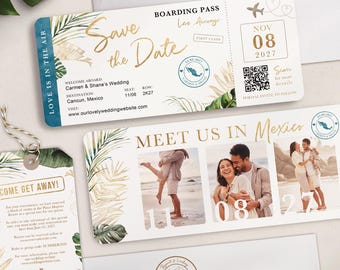 Destination Wedding Boarding Pass Save the Date Tropical Teal Green Leaves Travel Theme 3 Photo QR Code Real Gold Foil Available