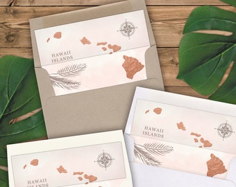 Hawaii Map Faux Rose Gold Foil and Blush Watercolor - Envelope Liners A2 Size - Square Flap - Pack of 25