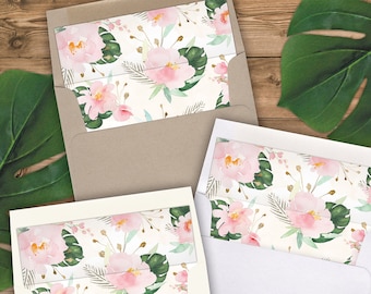 Envelope Liners A2 Size - Square Flap - Pink Tropical Watercolor Peony Monstera Leaf - Pack of 25