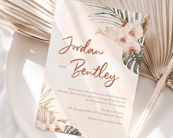 Destination Wedding Invitation - Tropical Orchid Pampas Boho Palm Monstera Watercolor Invitation Set QR RSVP by Luckyladypaper