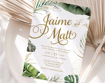 Destination Wedding Invitation - Tropical Leaves Greenery Monstera Palm Beach Invitation Set in Gold by Luckyladypaper