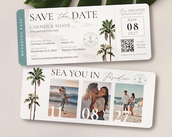 Cruise Wedding Boarding Pass 3 Photo QR Code Tropical Palm Tree Map Travel Theme Save the Date Invitation by Luckyladypaper