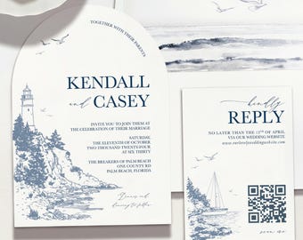Coastal Arch Shape Wedding Invitation Nautical Lighthouse Sailboat Design QR code RSVP card Luggage Tag Information card by Luckyladypaper