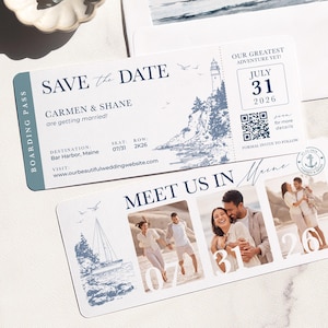 May include: Wedding invitation suite featuring a Save the Date boarding pass design with a lighthouse illustration and the text "Carmen & Shane are getting married!" The invitation includes the date July 31, 2026, and a QR code. A matching invitation with photos is also included.
