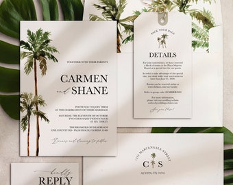 Palm Tree Wedding Invitation QR code RSVP card Luggage Tag Information card Tropical Beach Destination Wedding by Luckyladypaper