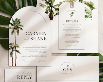 Arch Shape Wedding Invitation Palm Tree Design QR code RSVP card Luggage Tag Information card by Luckyladypaper