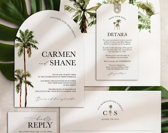 Featured listing image: Arch Shape Wedding Invitation Palm Tree Design QR code RSVP card Luggage Tag Information card by Luckyladypaper