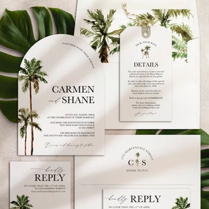 Arch Shape Wedding Invitation Palm Tree Design QR code RSVP card Luggage Tag Information card