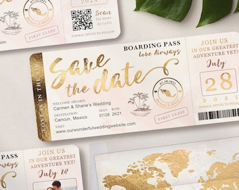 Destination Wedding Boarding Pass Save the Date Invitation in Gold and Blush Watercolor Real Foil Available by Luckyladypaper