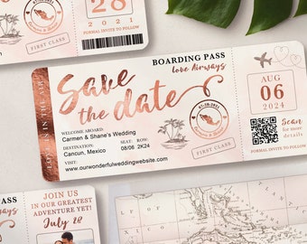 Destination Wedding Boarding Pass Save the Date Invitation in Rose Gold and Blush Watercolor Real Foil Available by Luckyladypaper