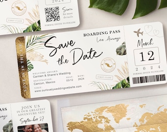 Destination Wedding Boarding Pass Save the Date Invitation Tropical Green Leaves Travel Theme Real Gold Foil Available by Luckyladypaper