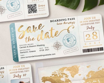 Destination Wedding Boarding Pass Save the Date or Invitation Aqua Watercolor Real Foil Available in Gold, Rose or Silver