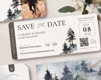 Mountain Forest Wedding Save The Date Boarding Pass Optional QR code Luggage Tag Information card by Luckyladypaper