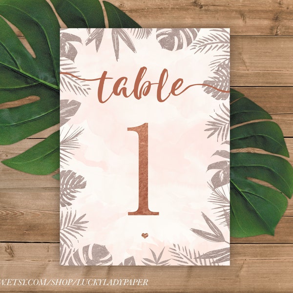 Tropical Table Numbers in Rose Gold and Blush Watercolor