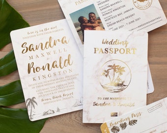 Destination Wedding Passport Invitation Set in Gold and Marble Tropical Design by Luckyladypaper - see item details to order