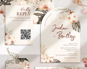 Arch Shape Wedding Invitation Orchid Design QR code RSVP card Luggage Tag Information card by Luckyladypaper