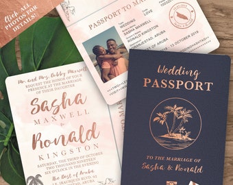 Beach Wedding Passport Save the Date Destination Invitation Set in Rose Gold Watercolor Tropical by Luckyladypaper - see details to order