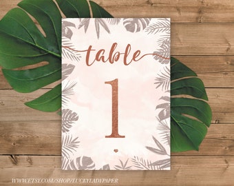 Tropical Table Numbers in Rose Gold and Blush Watercolor