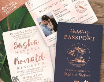 Customized PDF file: Rose Gold Watercolor Destination Wedding Passport Invitation Set by Luckyladypaper - DIY printing