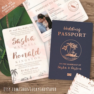 Customized PDF file: Rose Gold Watercolor Destination Wedding Passport Invitation Set by Luckyladypaper - DIY printing