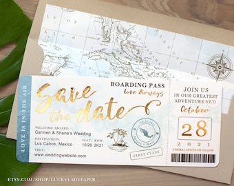 Boarding Pass Save the Date or Invitation Tropical Destination Wedding in Gold Foil Aqua Watercolor Real Gold Foil Available