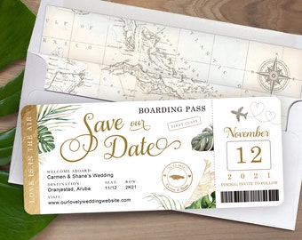 Boarding Pass Save the Date or Invitation Tropical Destination Wedding in Gold Foil Aqua Watercolor Real Gold Foil Available