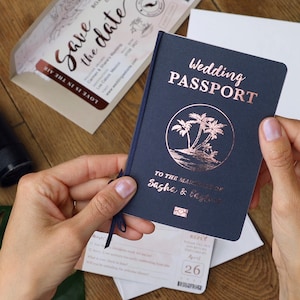 Destination Wedding Invitation Passport Invitation Tropical Invitation Set Beach Wedding in Rose Gold and Blush Watercolor by Luckyladypaper