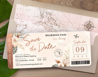 Boarding Pass Save the Date Rose Gold Tropical Orchid Palm Monstera Leaves Destination Wedding by Luckyladypaper - see item details to order