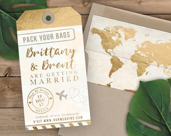 Luggage Tag Shaped Save the Date  Travel Theme Destination Wedding Save the Date Invitation Airplane Faux Gold Foil and Watercolor