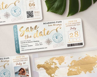 Destination Wedding Boarding Pass Save the Date or Invitation in Aqua and Gold Watercolor with Compass Real Foil Available