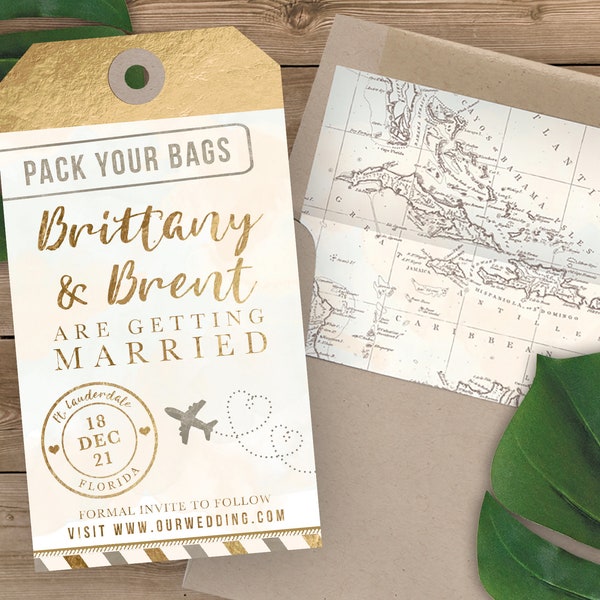 Luggage Tag Shaped Save the Date - Destination Wedding Save the Date Invitation Airplane - Faux Gold Foil and Watercolor