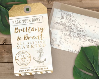 Luggage Tag Shaped Save the Date - Nautical Anchor Destination Wedding Cruise Wedding Save the Date - Faux Gold Foil and Watercolor
