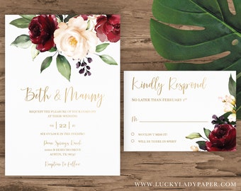 Burgundy Floral Watercolor Wedding Gold Blush Roses Rustic Country Barn Boho Garden Fall Winter White Printed Invitation Set