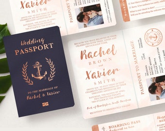 Nautical Cruise Passport Wedding Invitation Set in Rose Gold and Blush Watercolor by Luckyladypaper